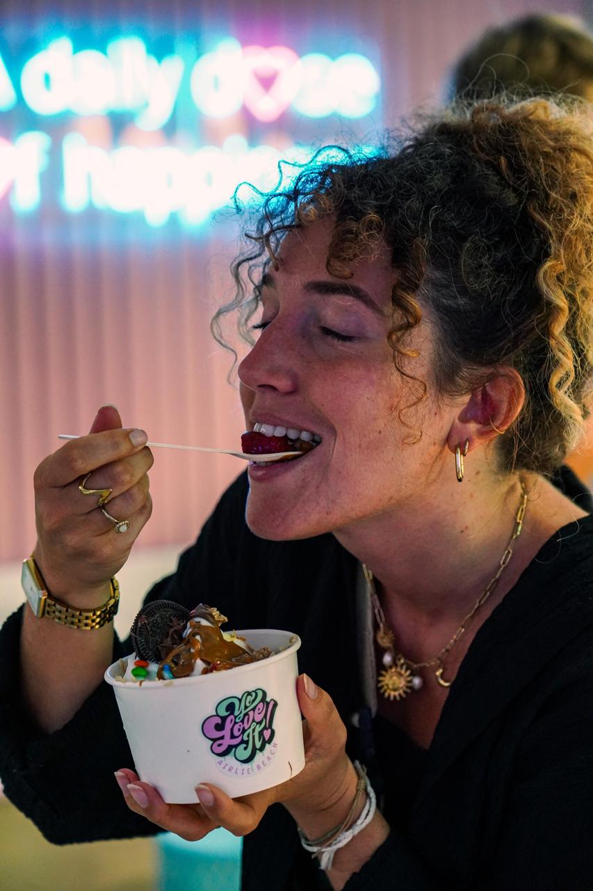Customer enjoying frozen yoghurt at Yo Love It